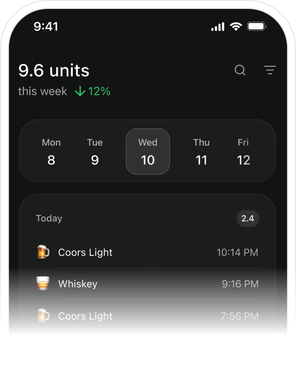 Drink log shown in dark mode