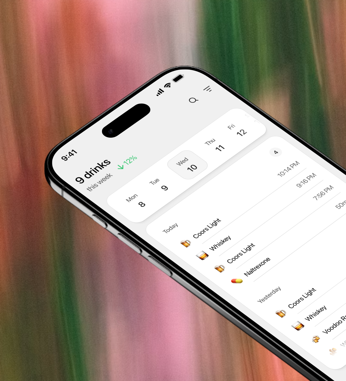 ReWire app showing the drink log on iPhone