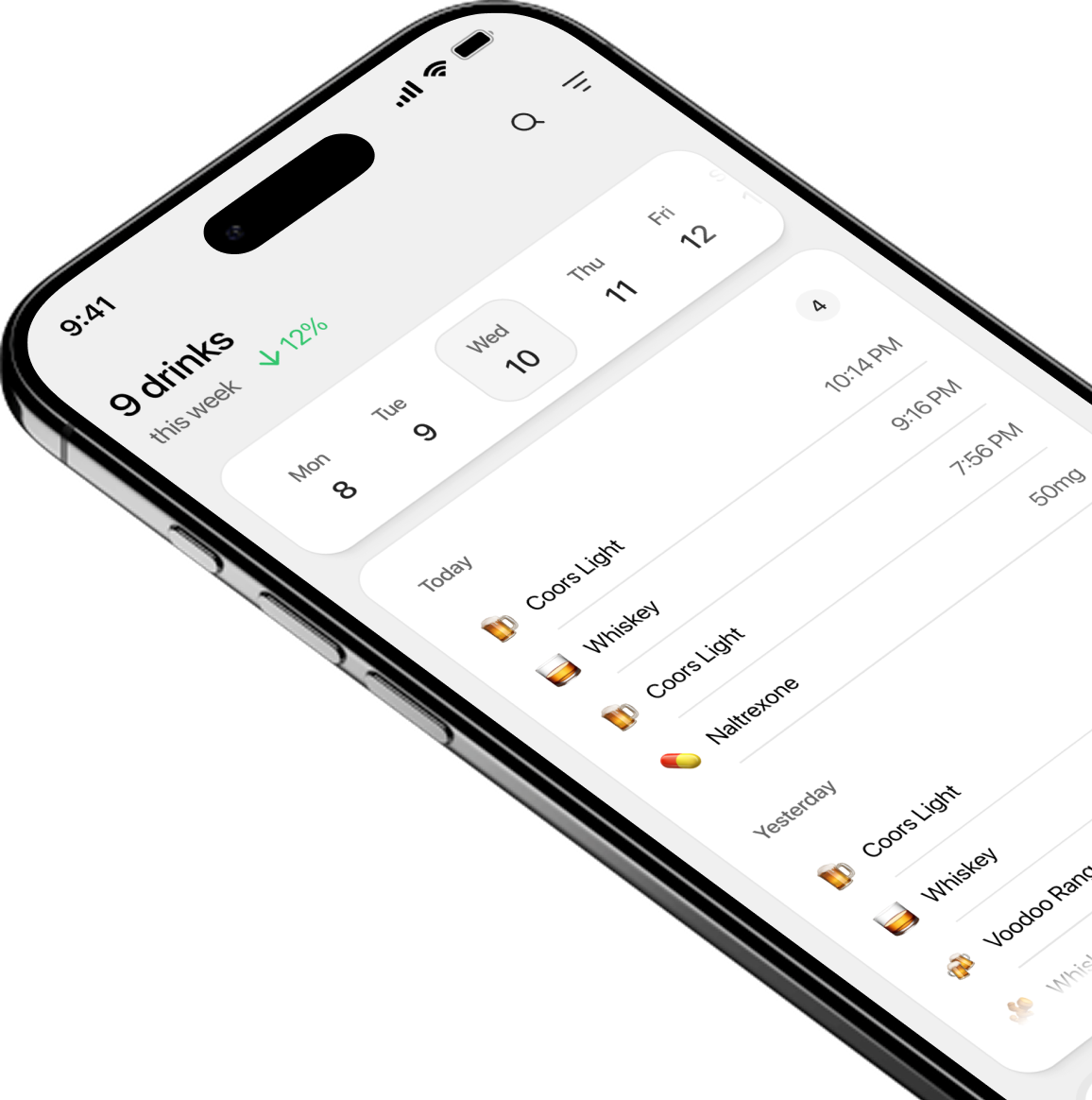 ReWire app showing drink tracking interface